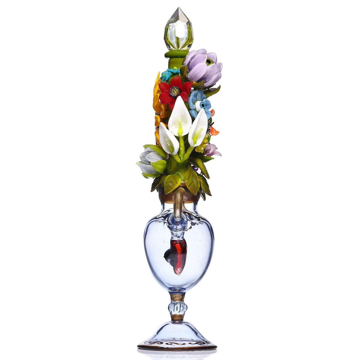 Ornate glass water pipe featuring colorful floral designs and clear base on white background