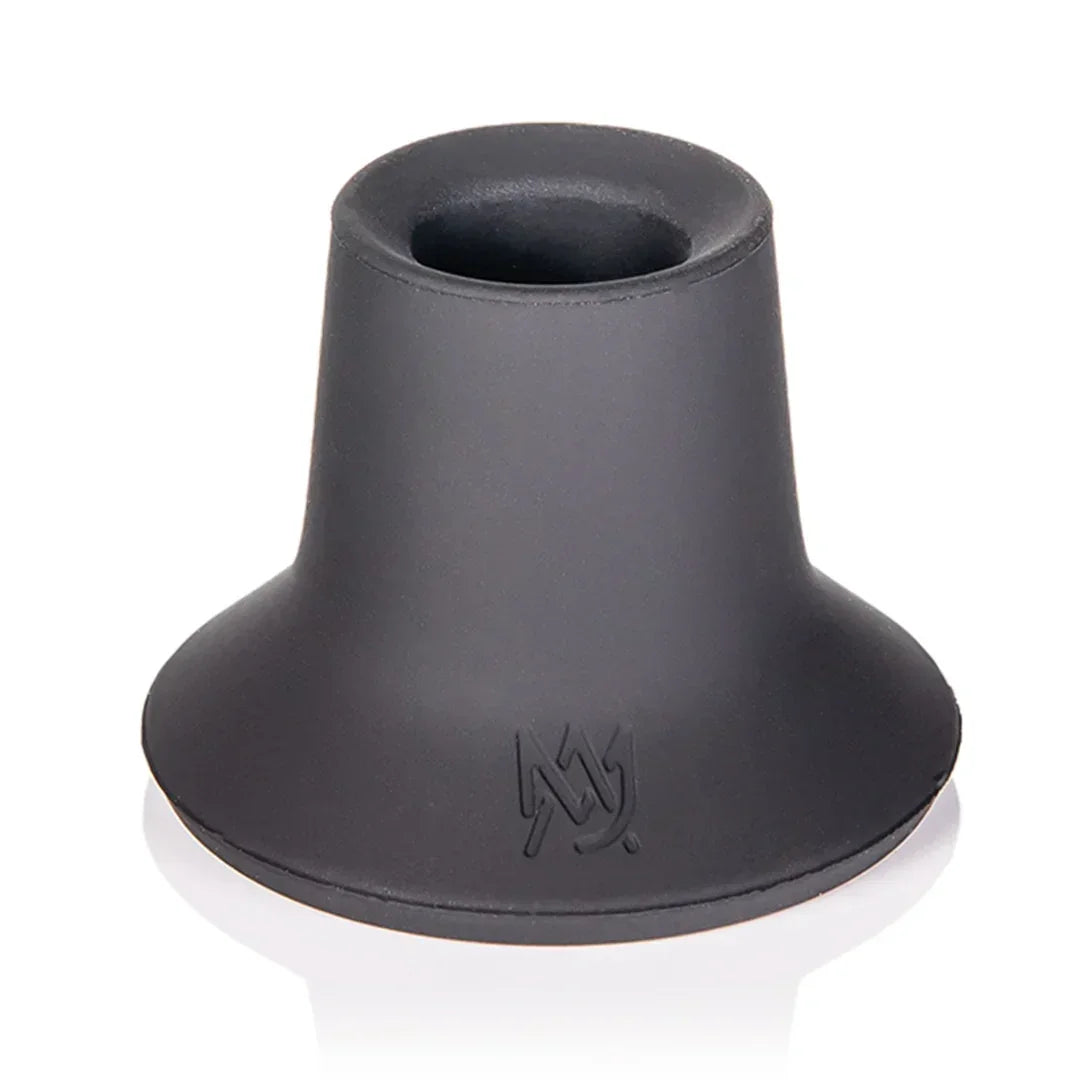 Black silicone vaporizer mouthpiece attachment with embossed logo on white background
