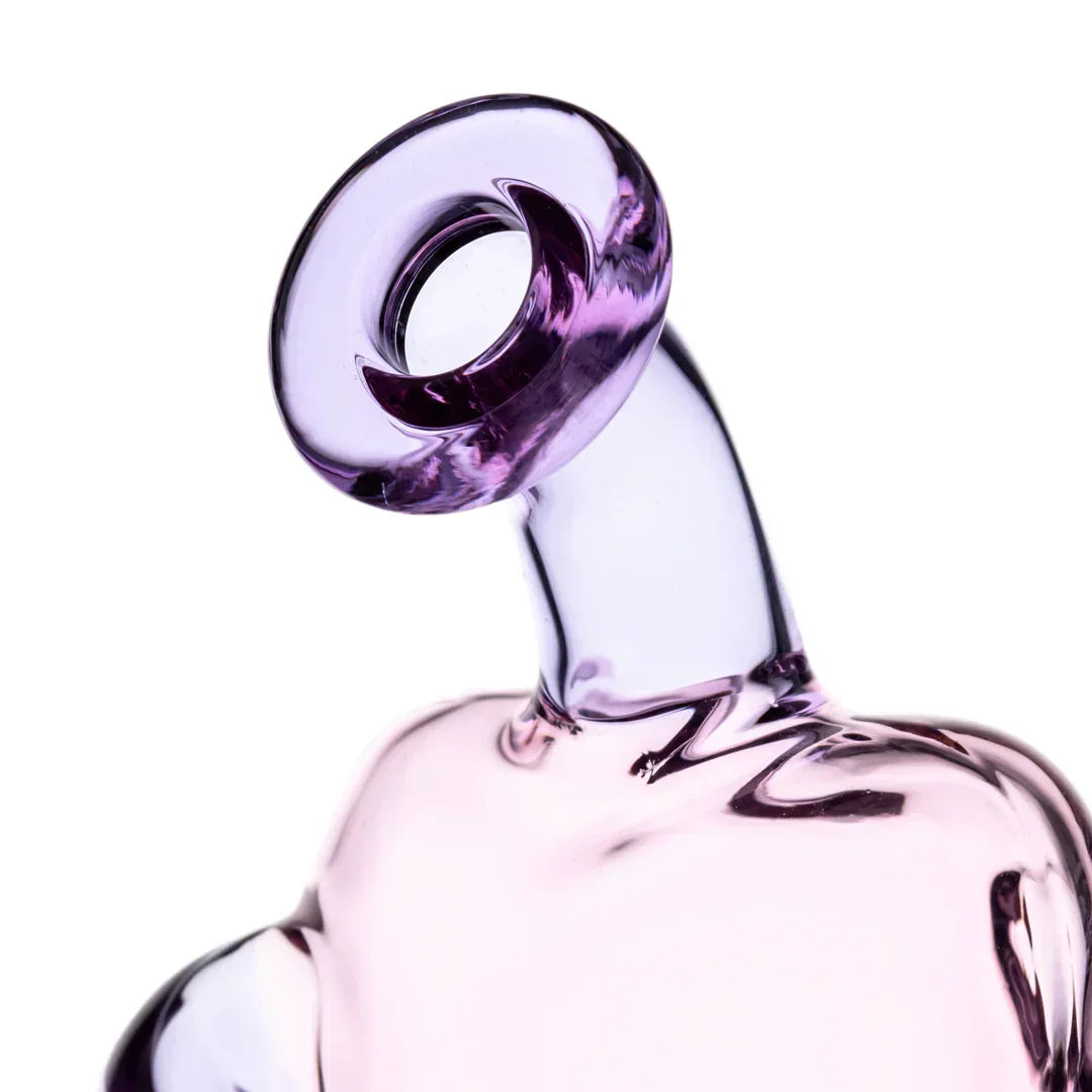 Close-up of a purple glass water pipe with an artistic curved mouthpiece