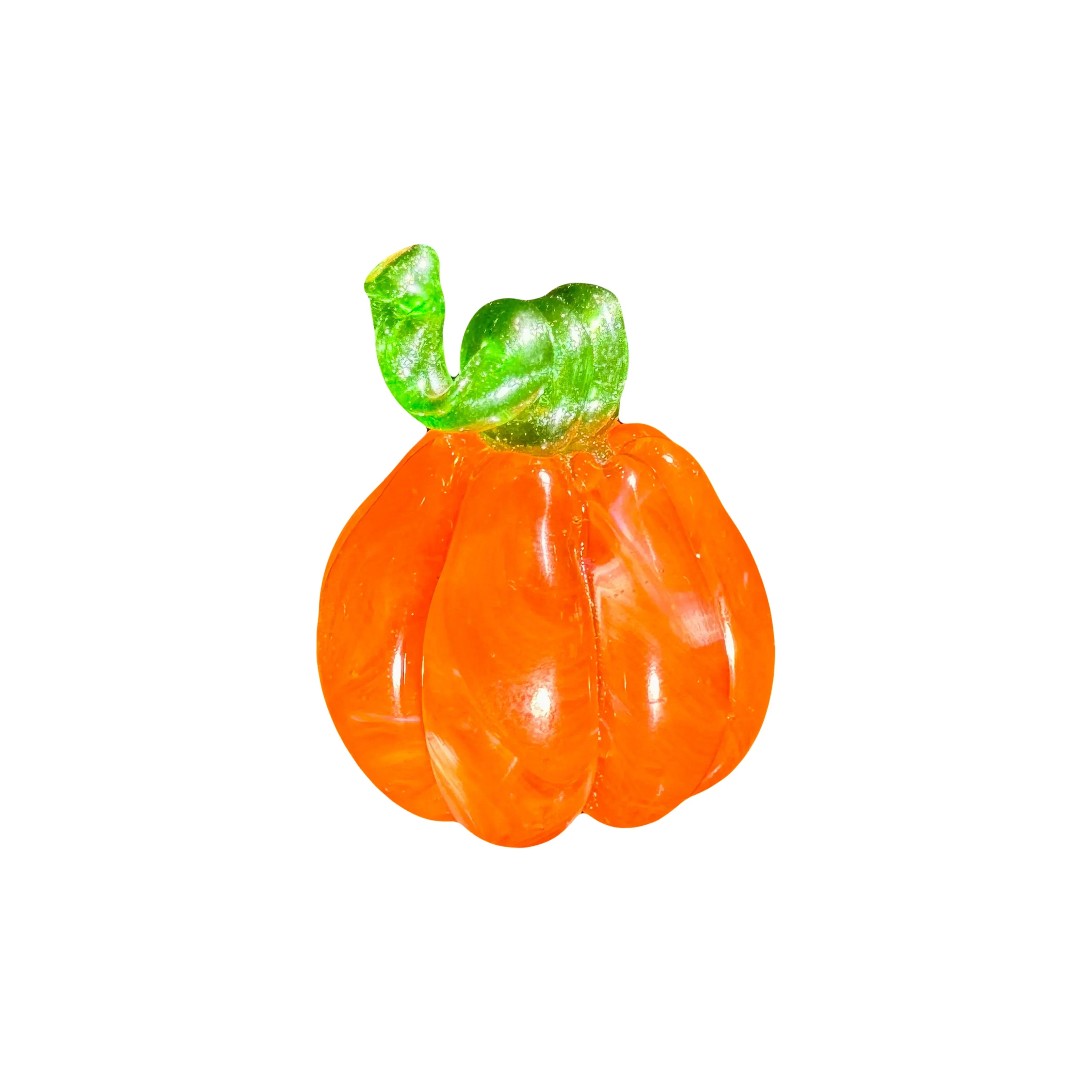 Handcrafted orange glass pumpkin with green stem, artistic glass accessory