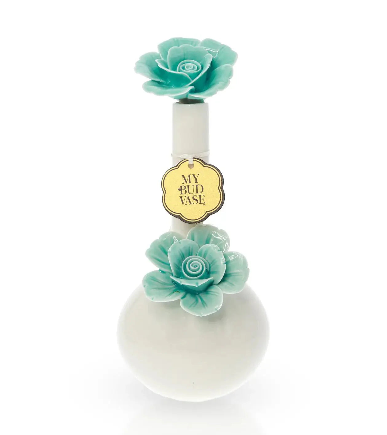 Ceramic bong shaped like a vase with teal flower accents and My Bud Vase tag