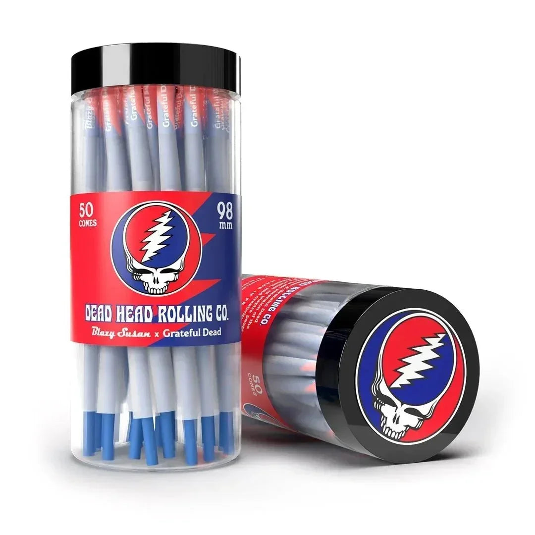 Dead Head Rolling Co. 50-pack pre-rolled cones with Grateful Dead logo, 98mm jars