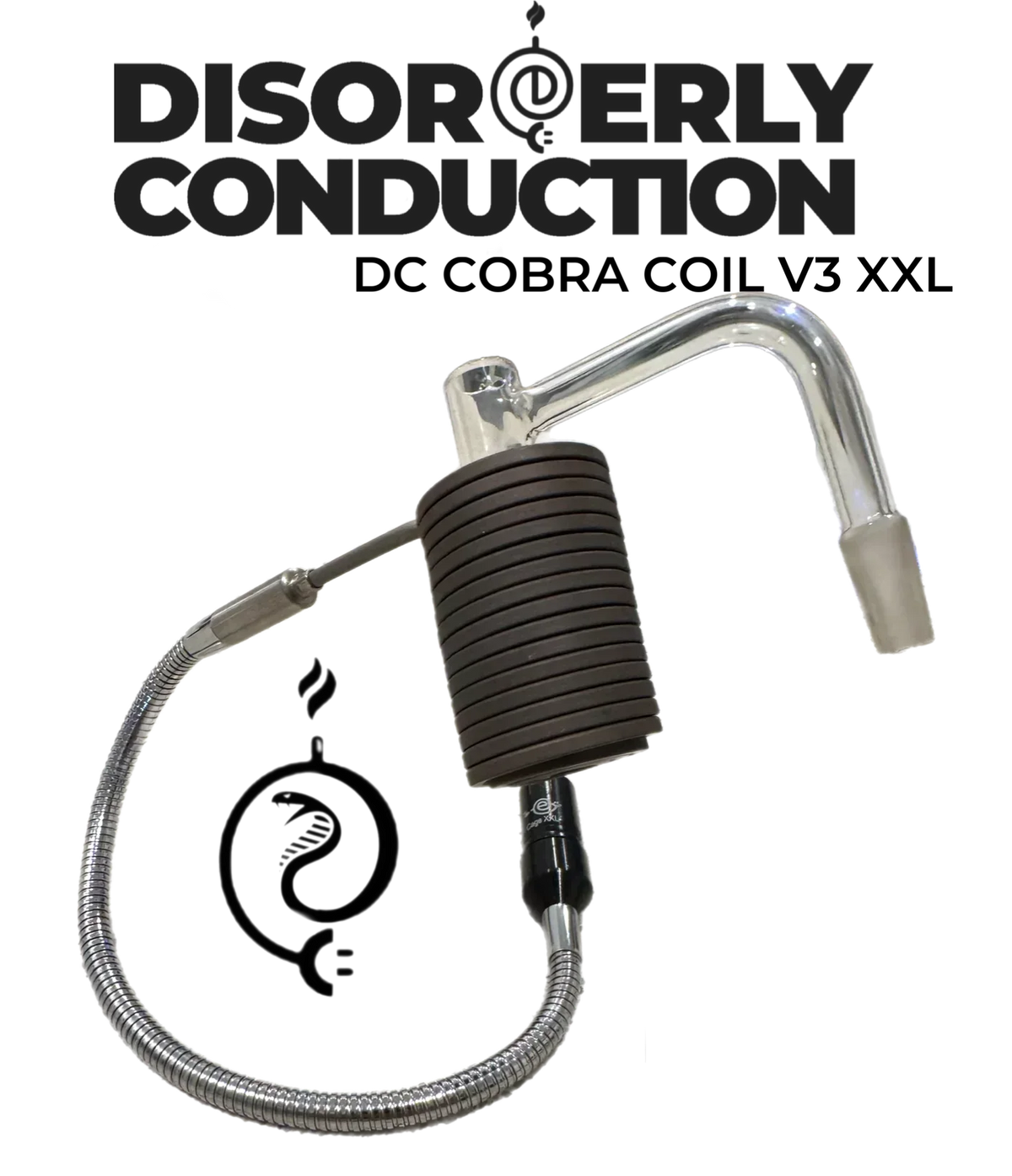Glass and metal vaporizer attachment with black silicone coil and flexible hose
