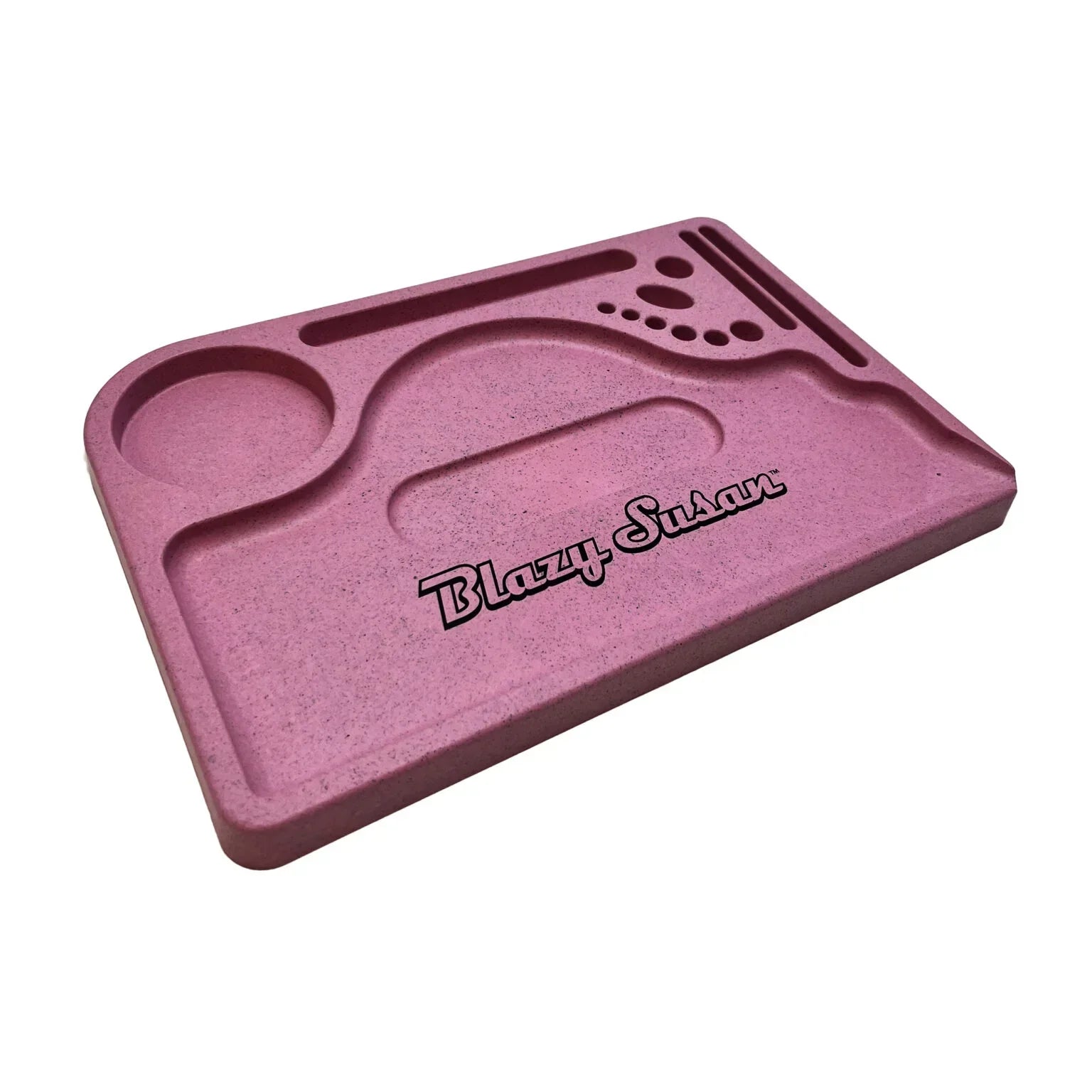 Pink Blazy Susan rolling tray with multiple compartments on a white background