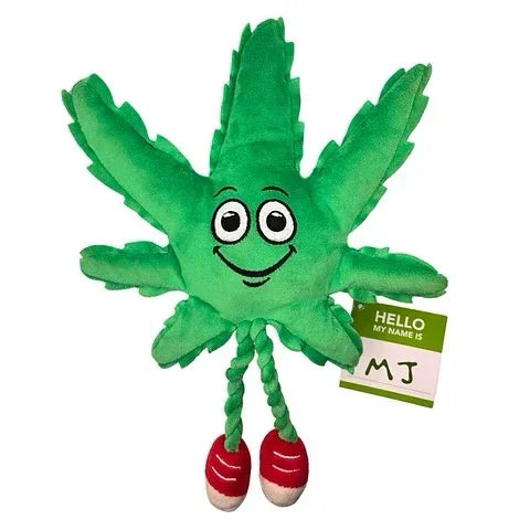 Green smiling leaf plush toy with red shoes and a name tag that reads 'MJ'.