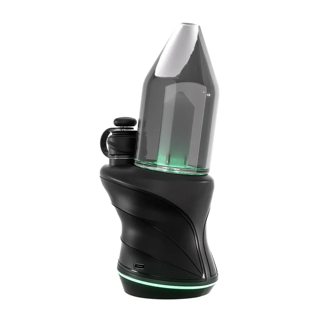 Modern black electronic vaporizer with glass chamber and LED light on white background