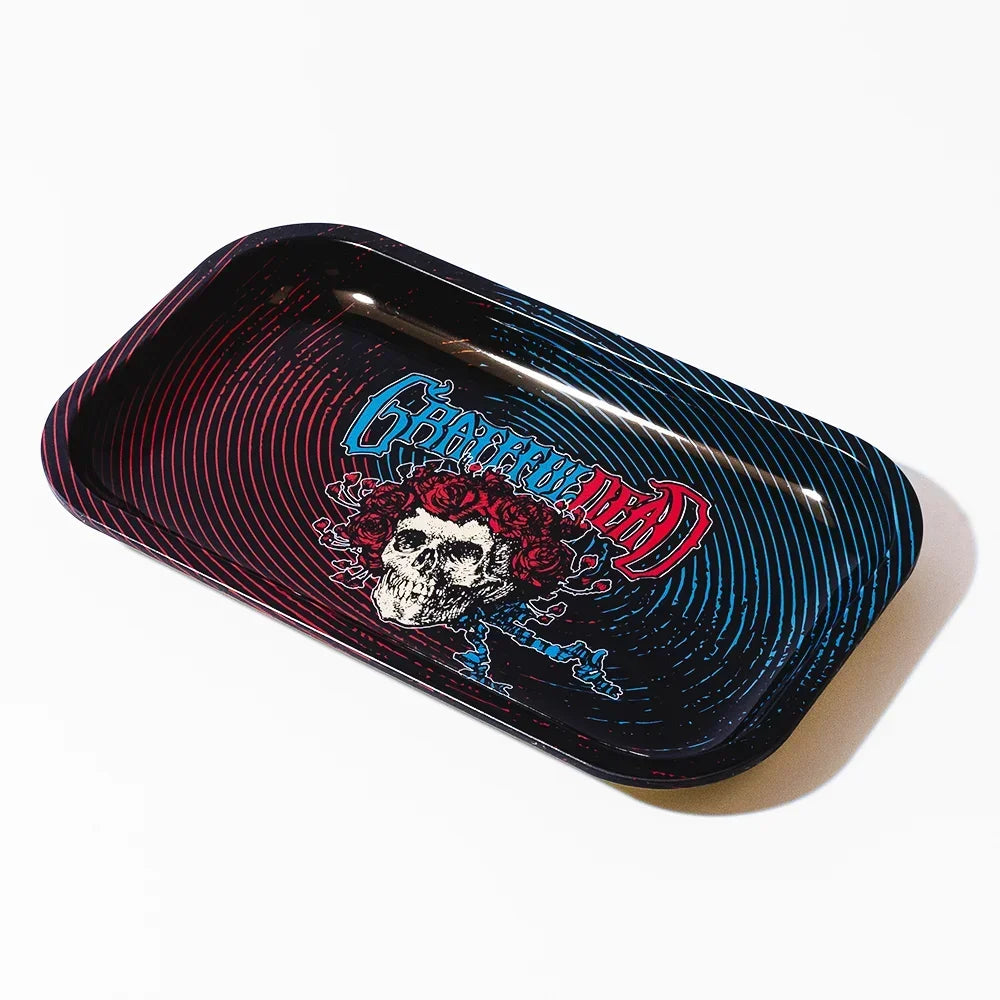 Rectangular rolling tray featuring a Grateful Dead skull design with red roses and blue accents.