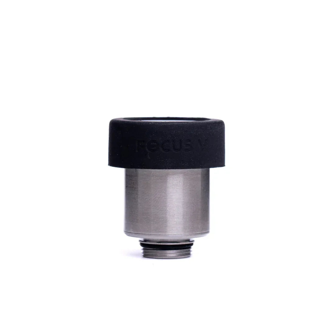 Stainless steel vaporizer atomizer with black silicone top on white background