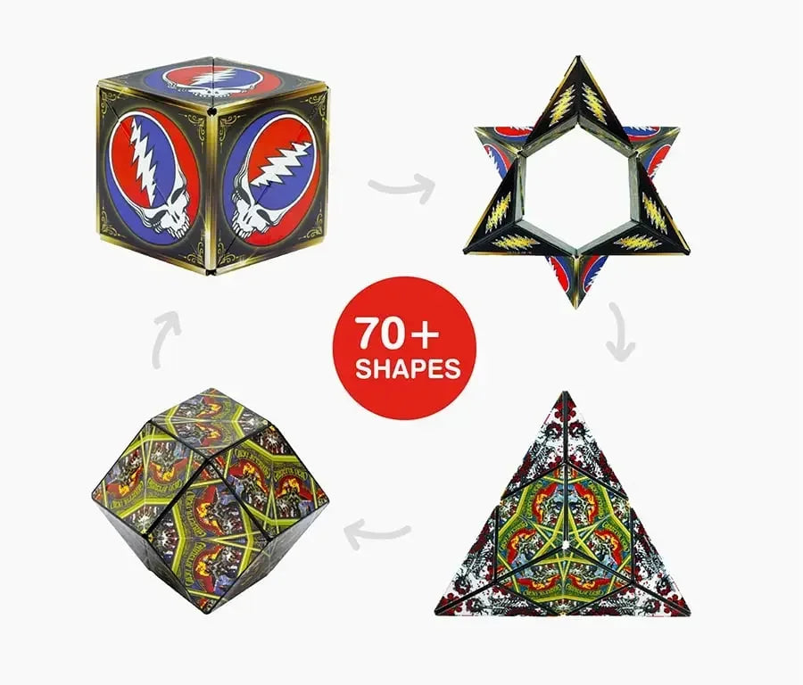 Geometric puzzle toy with colorful psychedelic designs shown in multiple shapes, text '70+ shapes' center.