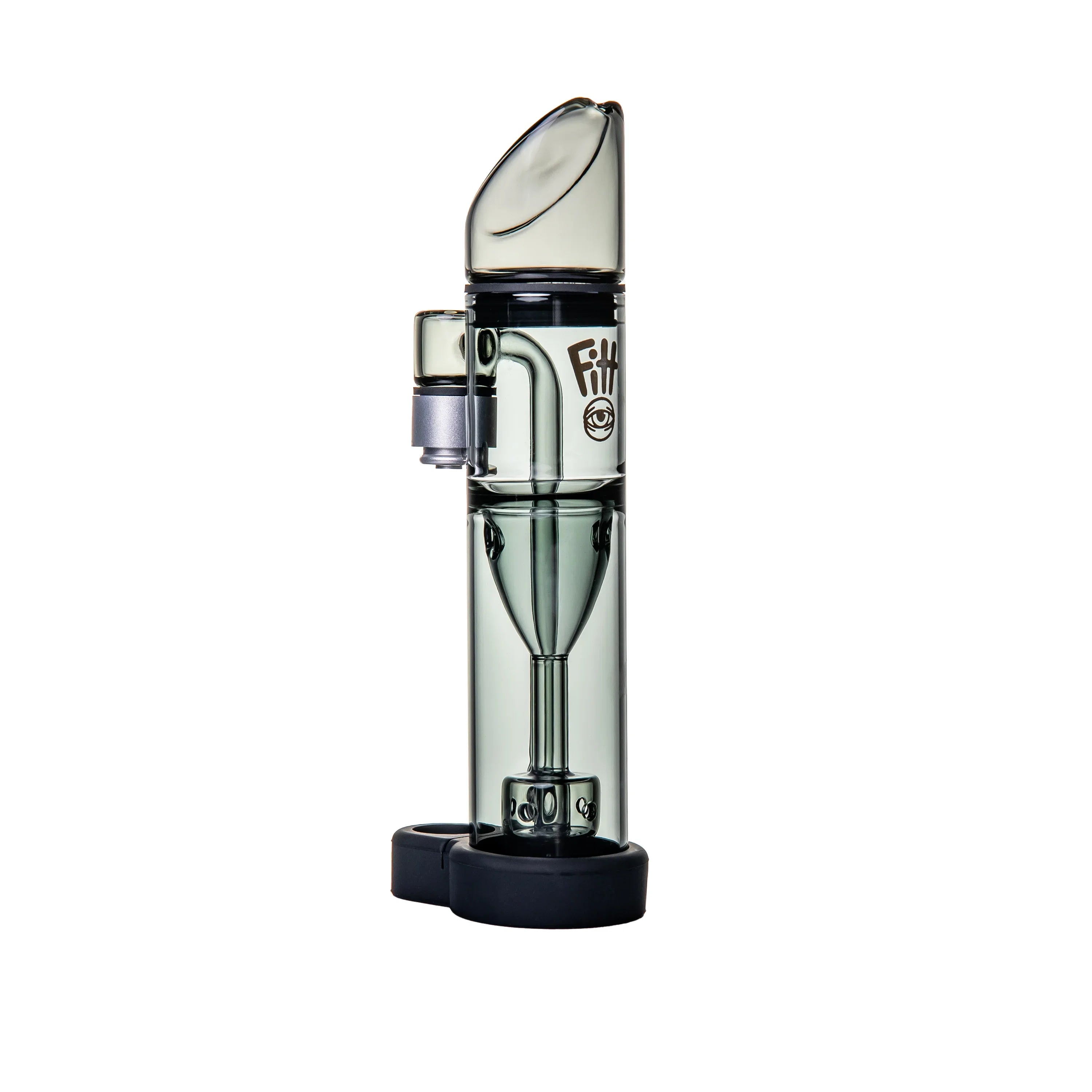Modern glass water pipe with unique percolator, dark base, and clear mouthpiece