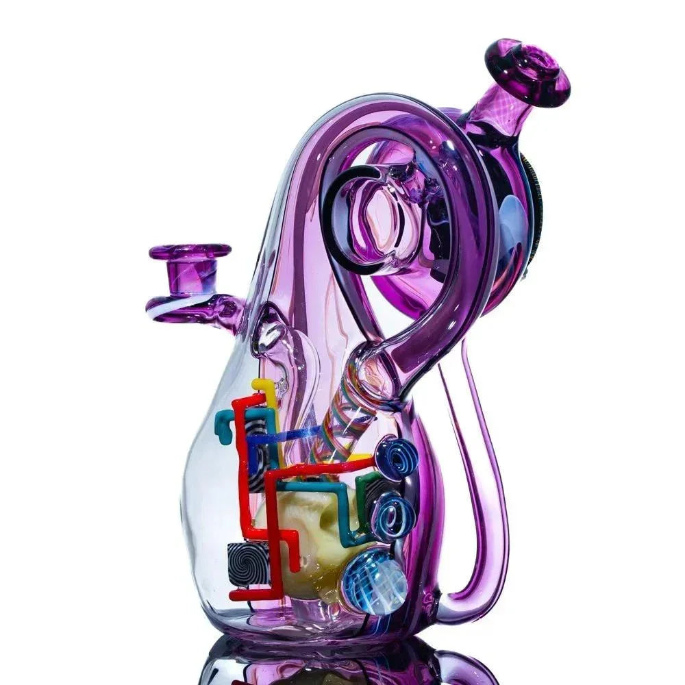 Colorful heady glass water pipe with intricate purple and multicolor accents on white background