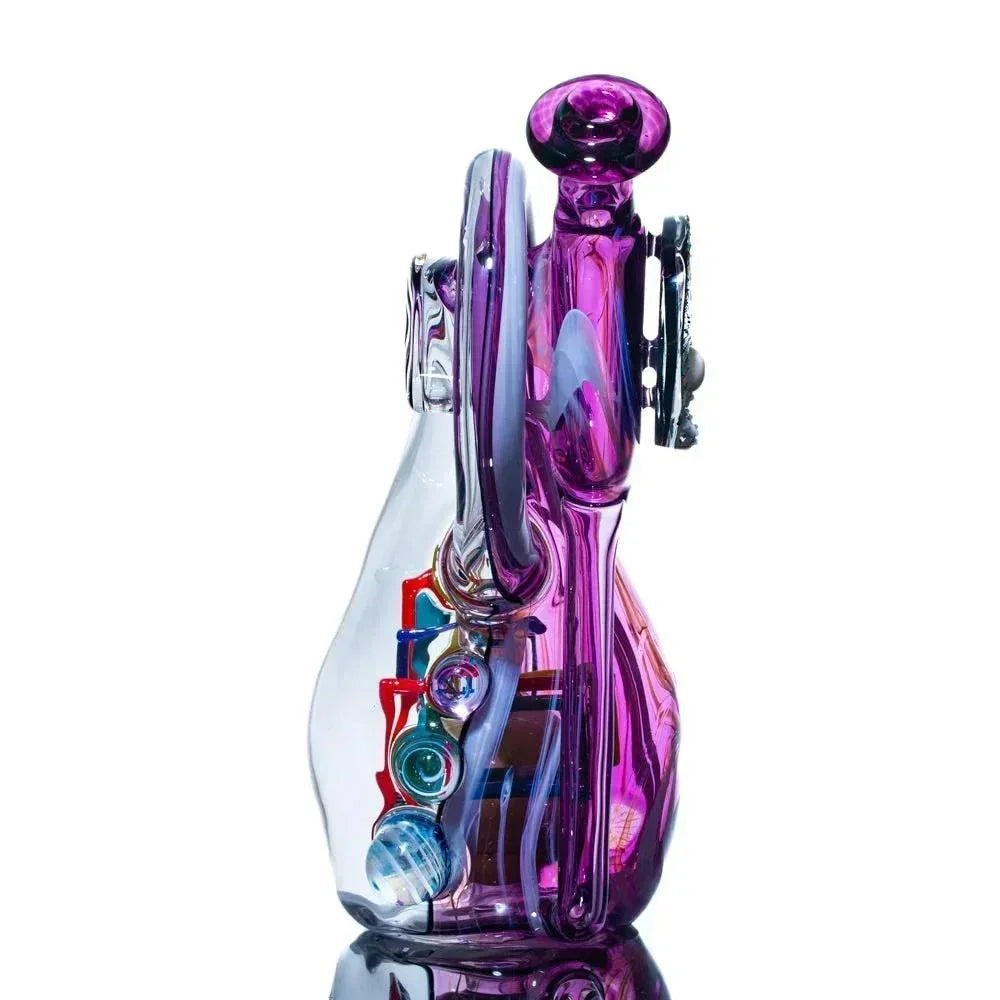 Purple heady glass water pipe with intricate, colorful accents on white background
