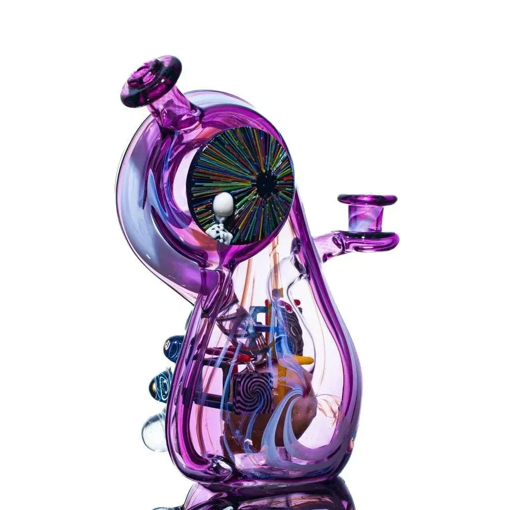 Artistic purple glass water pipe with intricate designs, heady glass smoking accessory