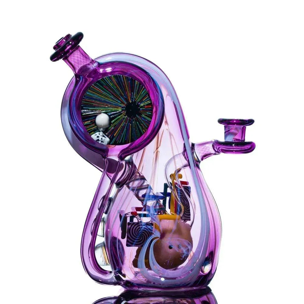 Intricate purple heady glass water pipe with colorful art details and unique sculpted design