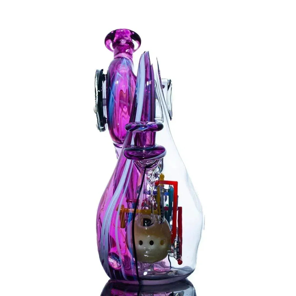 Colorful artistic glass water pipe with purple and pink accents on white background