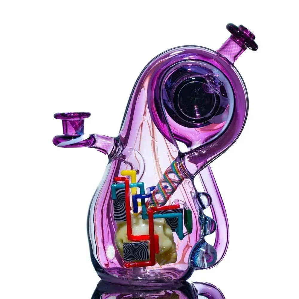 Unique purple heady glass water pipe with colorful intricate designs and percolators