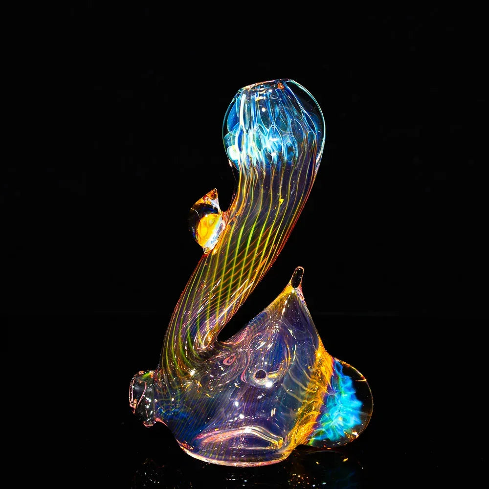 Colorful honeycomb fume glass sherlock pipe with sidelock design on black background