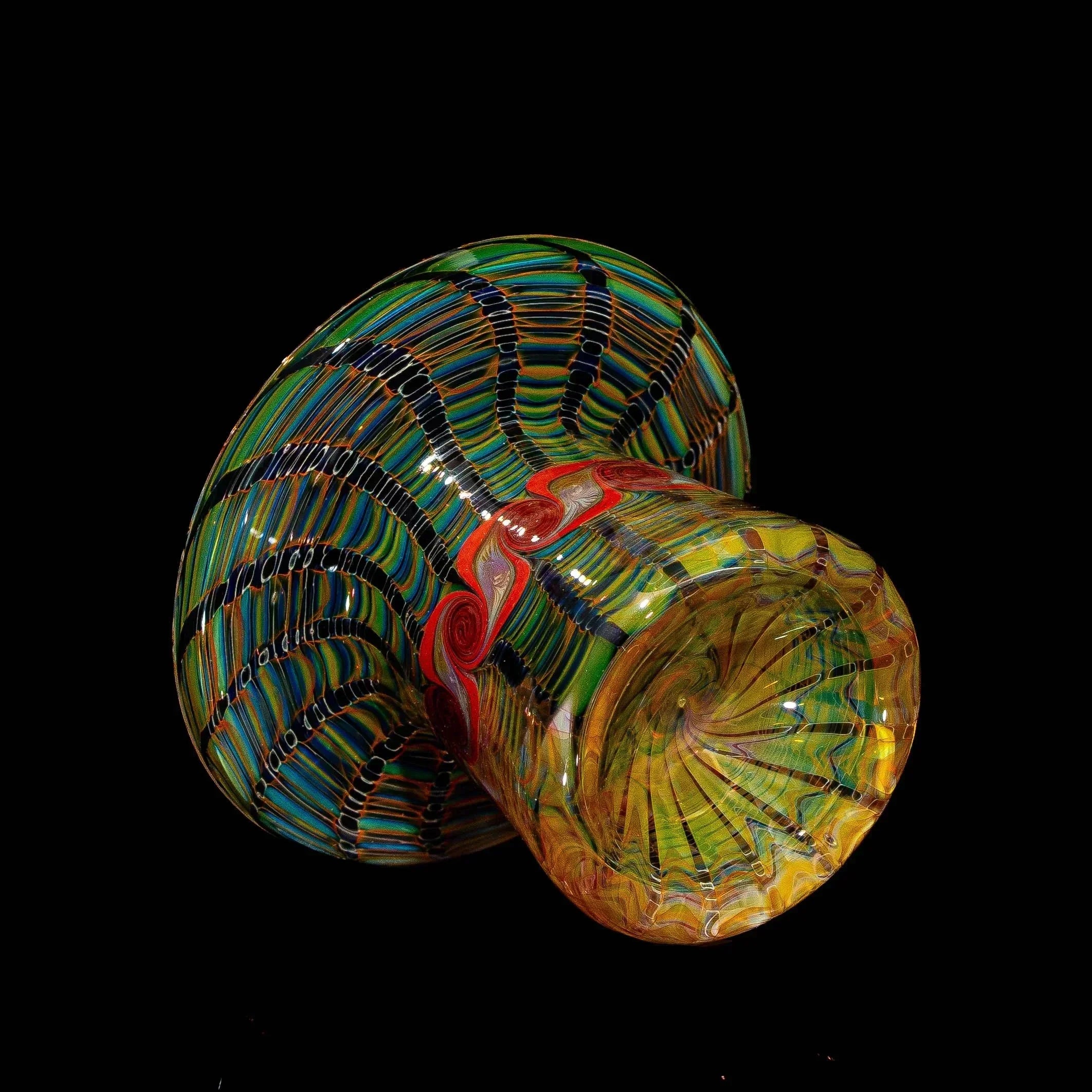 Colorful hand-blown glass stand with intricate patterns and marble-like swirls