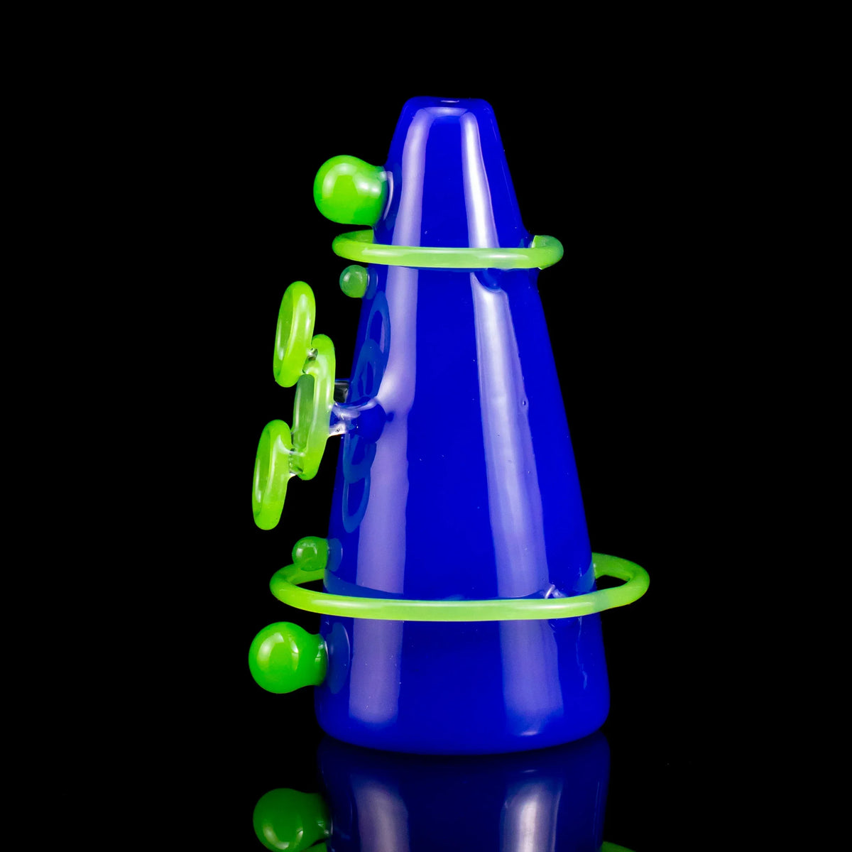 Blue glass volcano pipe with neon green accents on black background