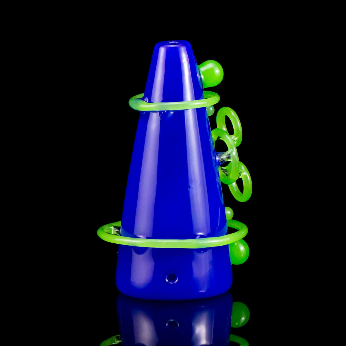 Cone-shaped blue glass pipe with green decorative rings, displayed on black background