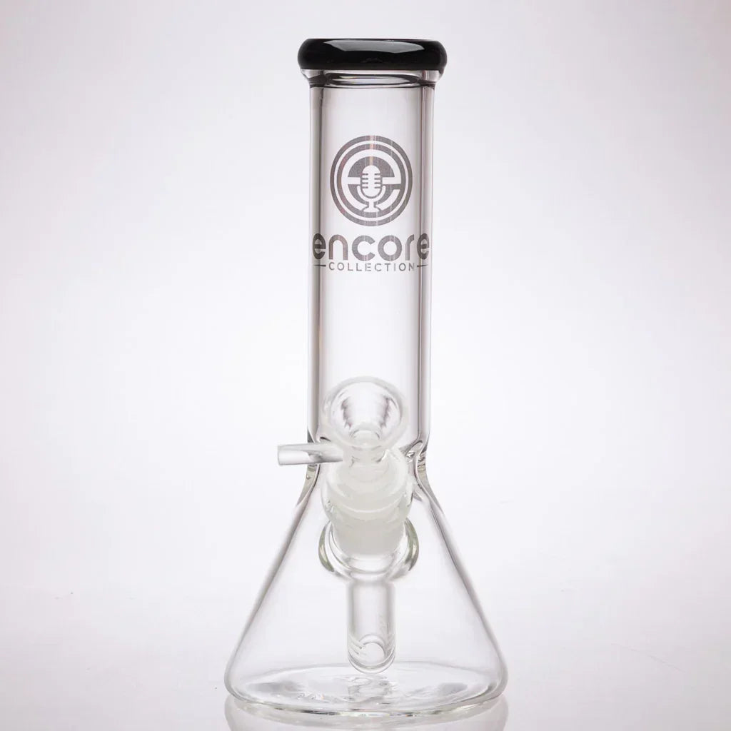 Clear glass mini beaker water pipe with black rim and Encore Collection logo