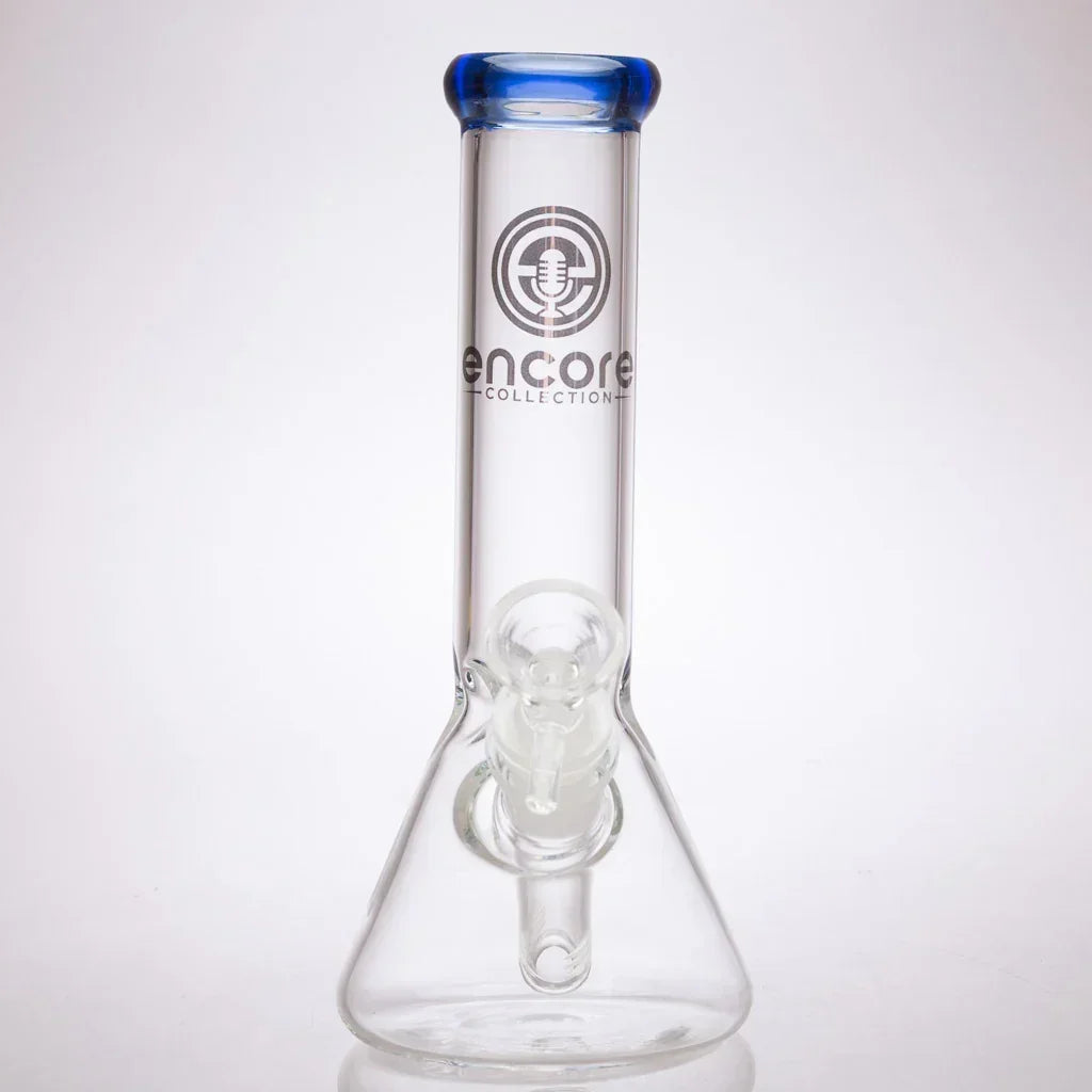 Clear glass beaker bong with blue-rimmed mouthpiece and Encore Collection logo