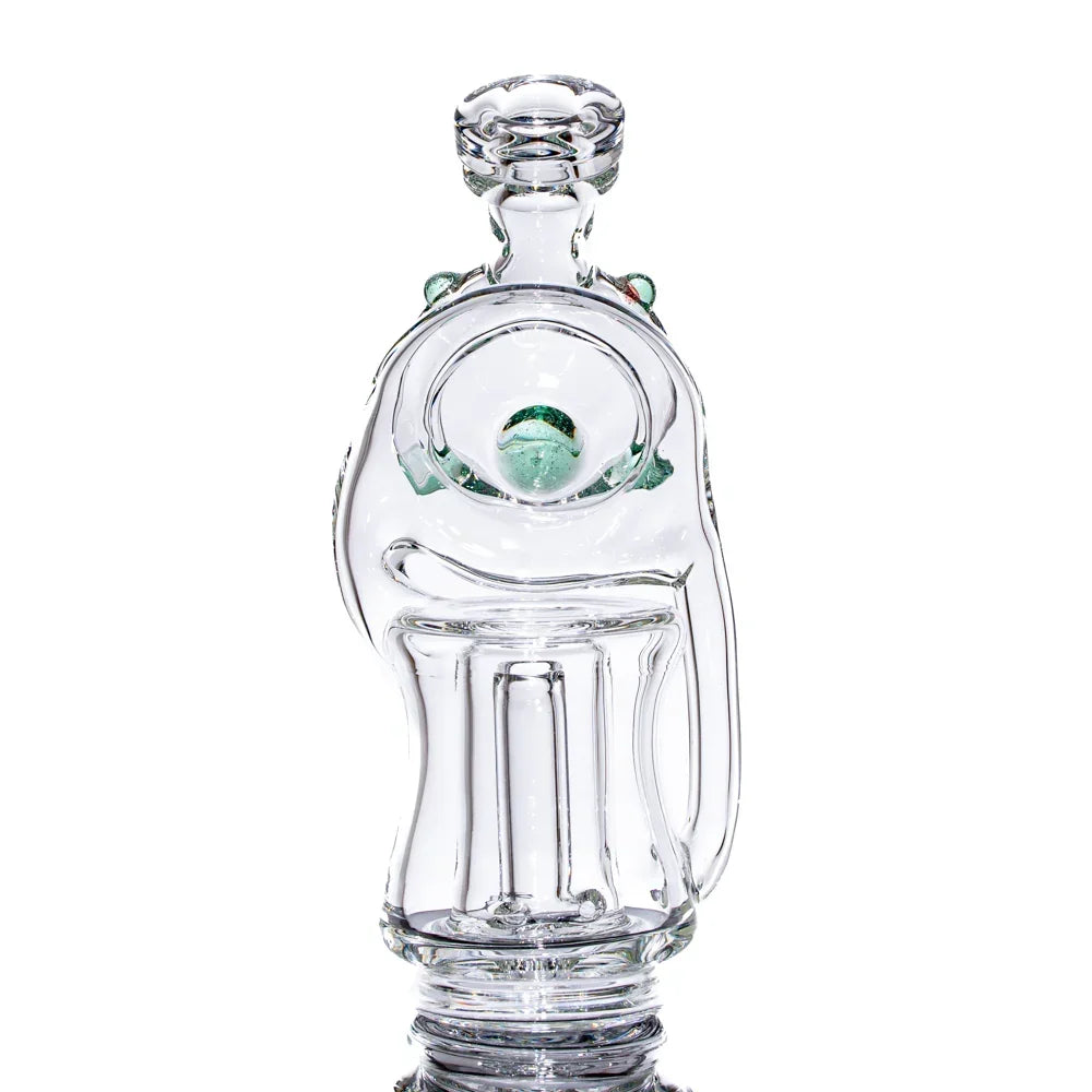 Clear glass recycler water pipe with unique curved design and green accents