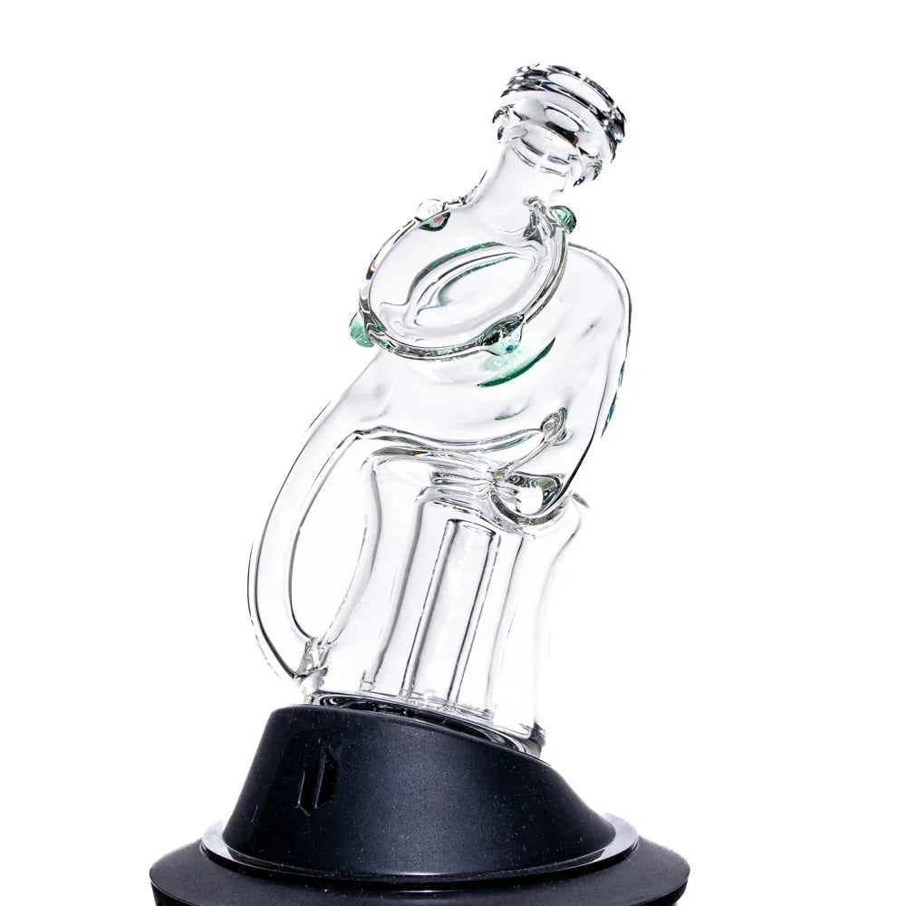 Clear glass recycler attachment with unique looped design on a black base, white background.