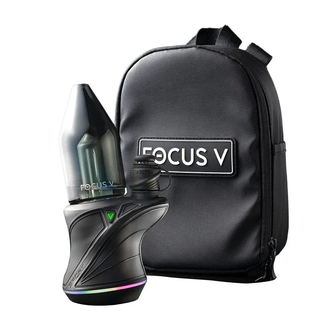 Focus V electronic vaporizer with glass mouthpiece and black carrying case
