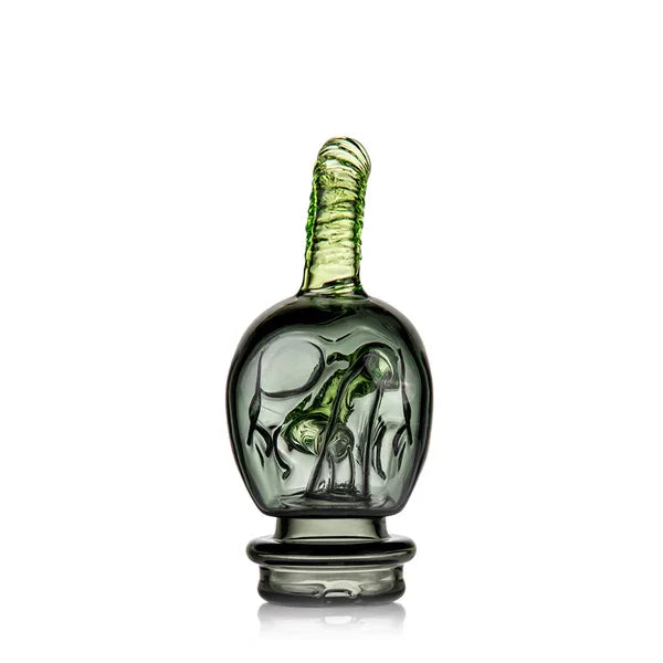 Heady glass carb cap with unique sculpted design and translucent green accents