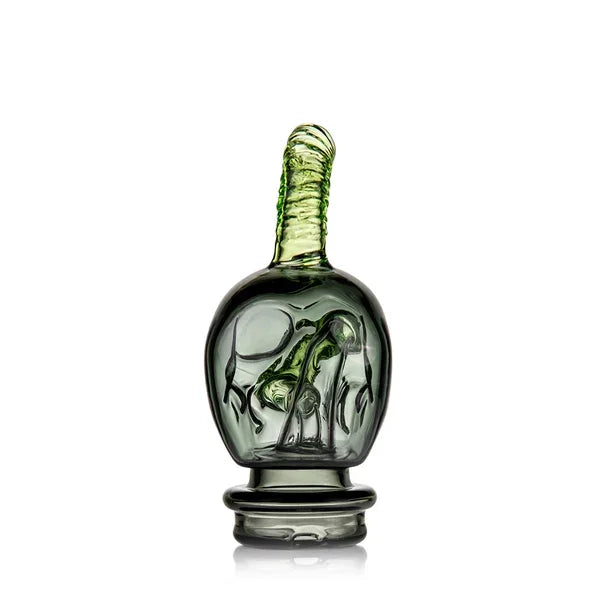 Heady glass carb cap with unique sculpted design and translucent green accents