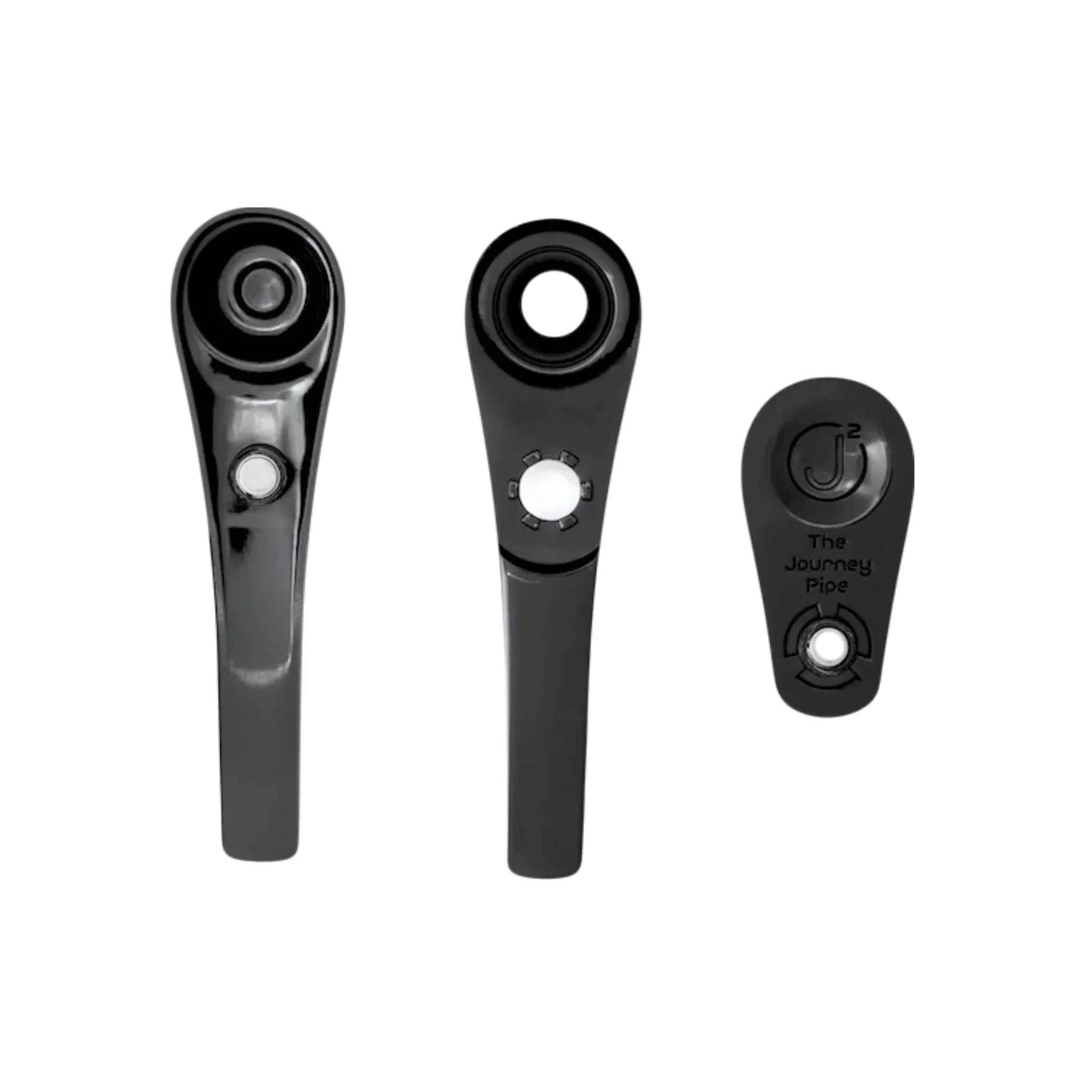 Sleek black metal smoking pipe shown disassembled, featuring The Journey Pipe logo.