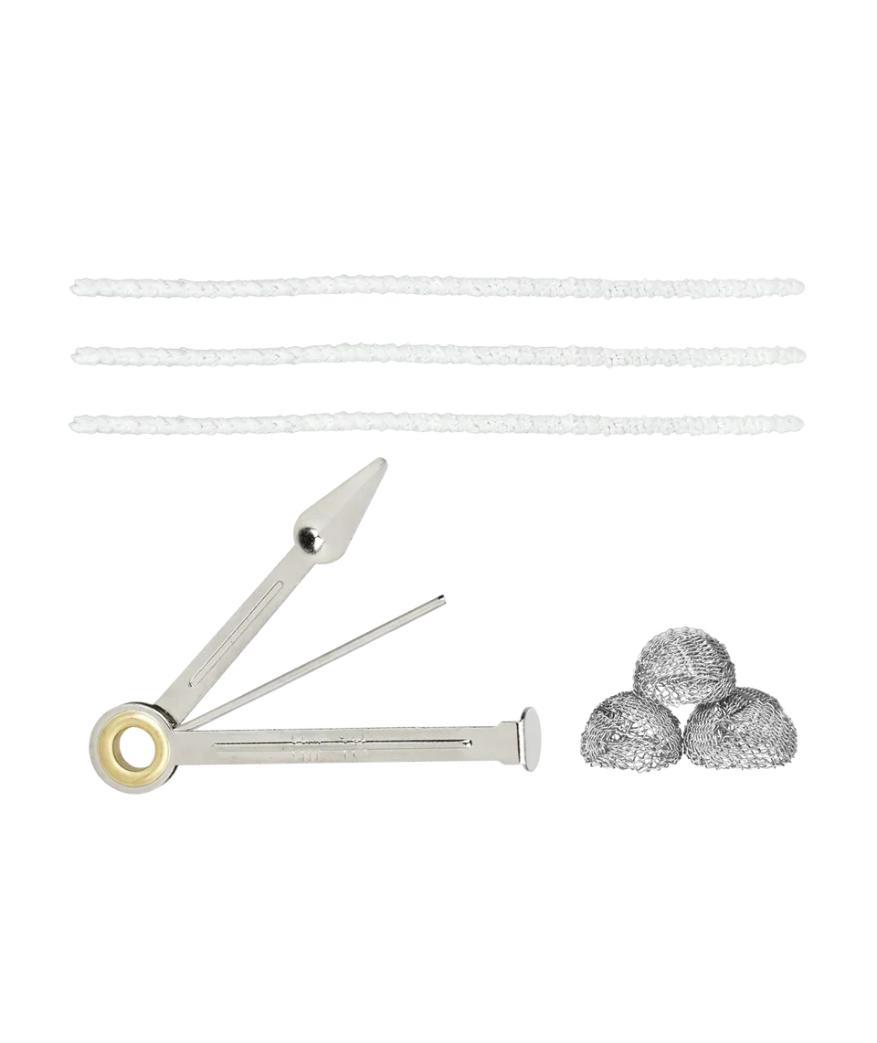 Metal pipe cleaning tool, three pipe cleaners, steel wool balls on white background