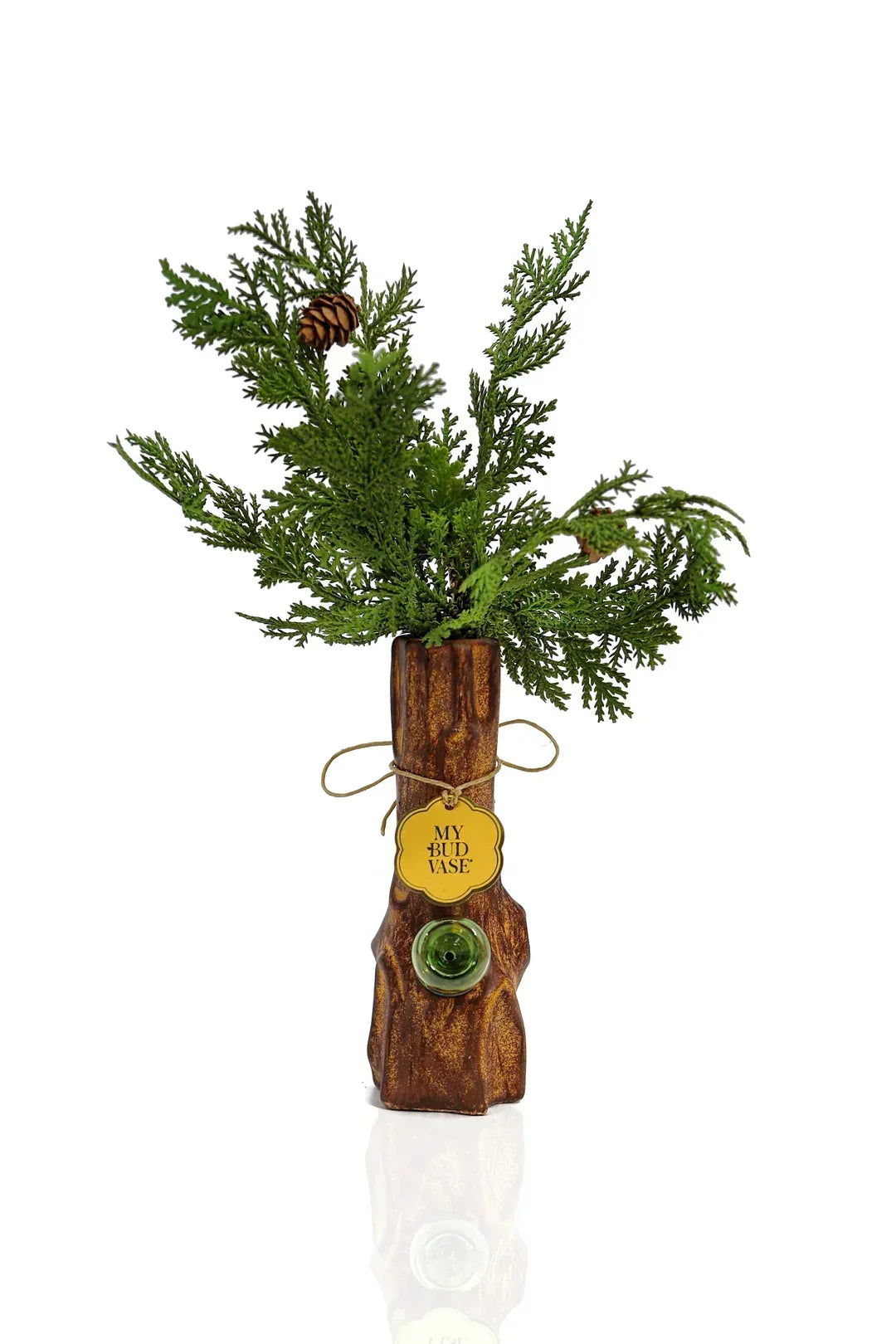Wood-look glass vase with pine sprigs, pinecone, and 'My Bud Vase' tag on white background.