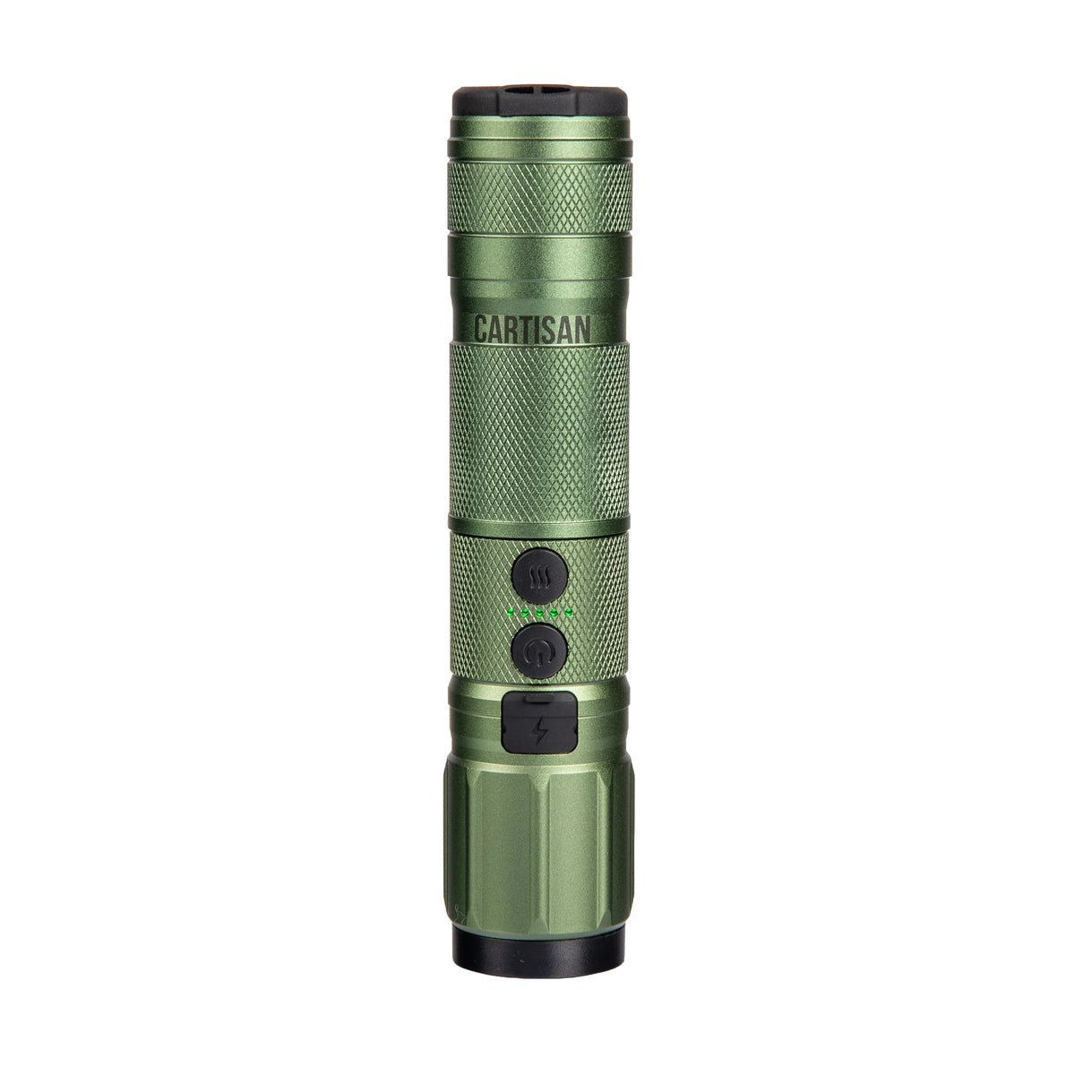Green Cartisan portable vaporizer with buttons and LED indicators, isolated on white background.
