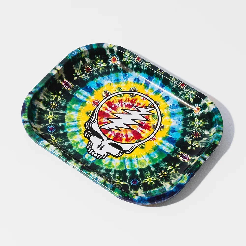 Colorful tie-dye rolling tray with skull and lightning bolt design, smoking accessories