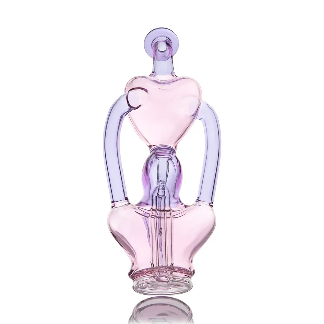 Pink and purple heart-shaped glass water pipe with artistic curved design on white background