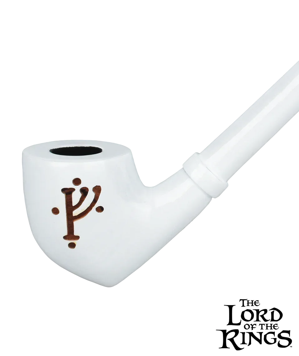 White glass pipe with Lord of the Rings logo and Tengwar script design