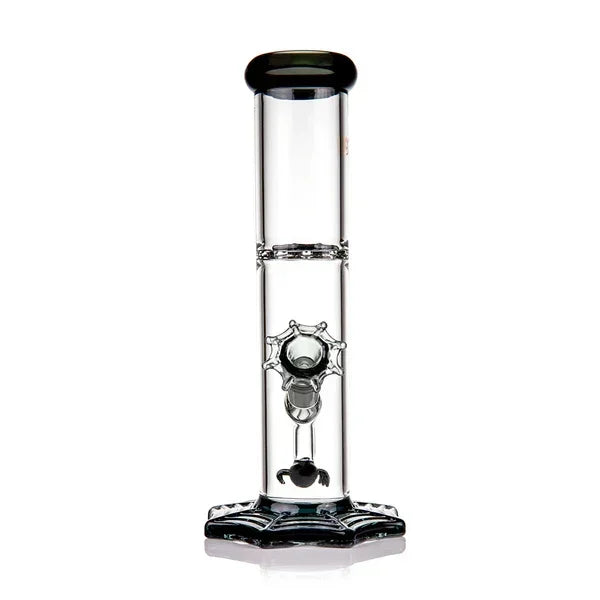 Clear glass water pipe with web-shaped base and intricate percolator design