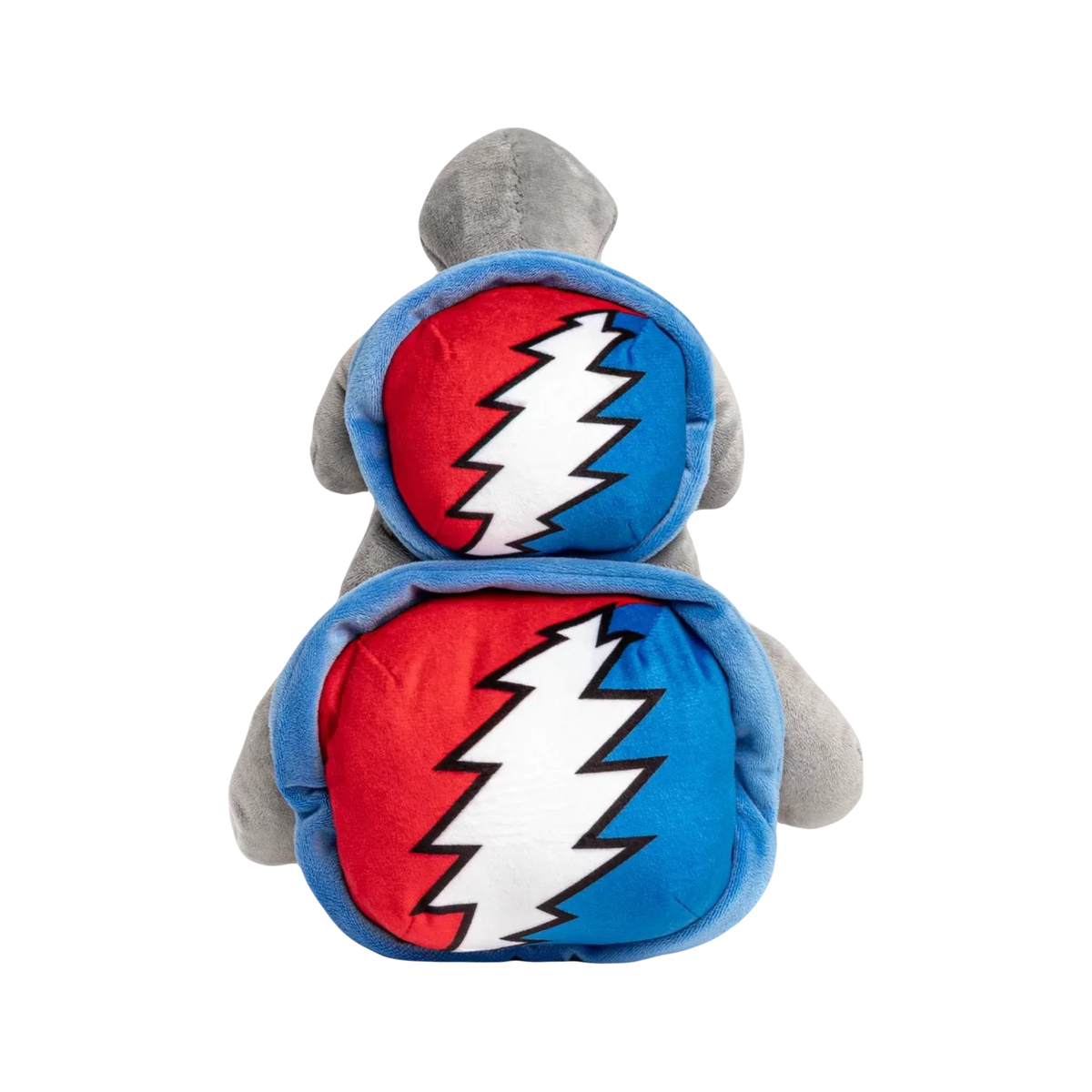 Plush toy with red and blue lightning bolt patches, soft collectible accessory