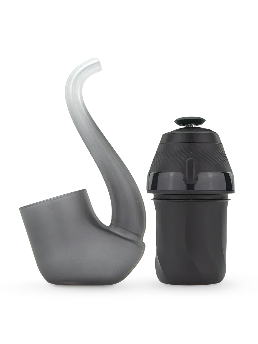 Modern glass smoking pipe and vaporizer accessory on white background