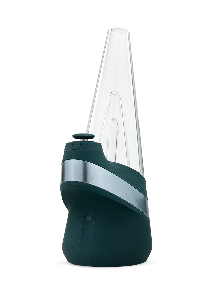 Modern electronic dab rig vaporizer with clear glass top and dark matte base on white background