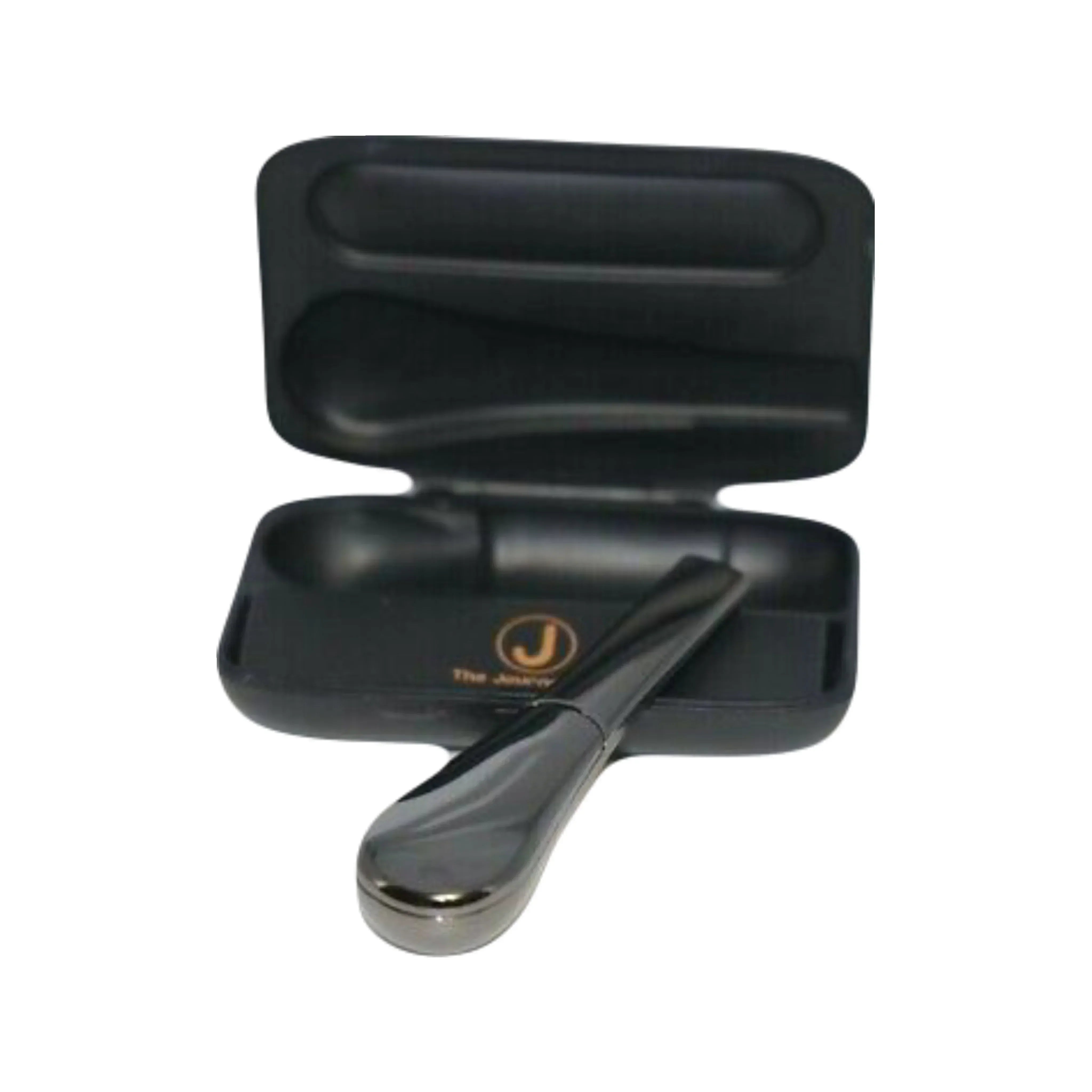 Sleek metal hand pipe with black protective case for dry herb smoking accessories