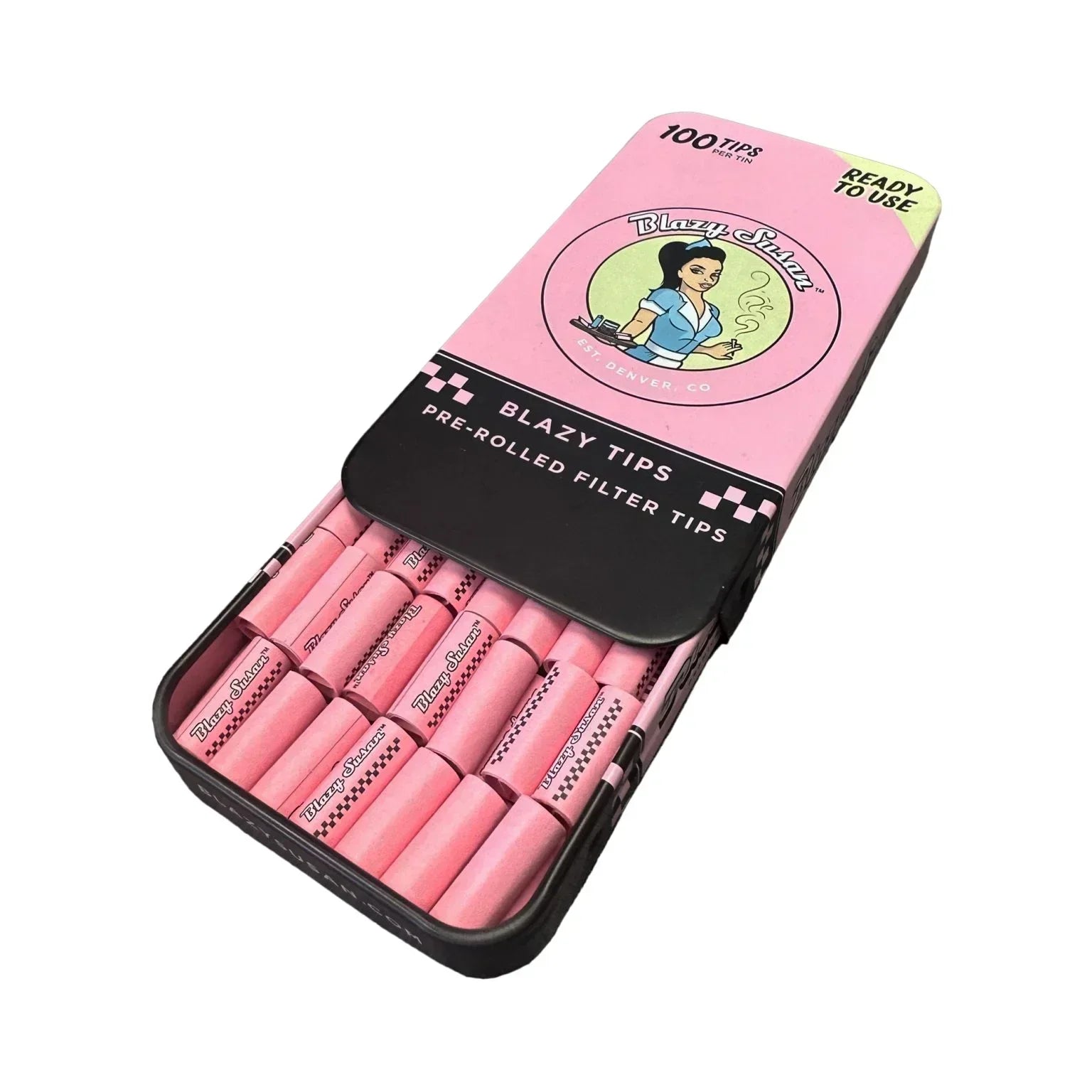 Blazy Susan pink pre-rolled filter tips in an open tin, 100 count, ready to use.