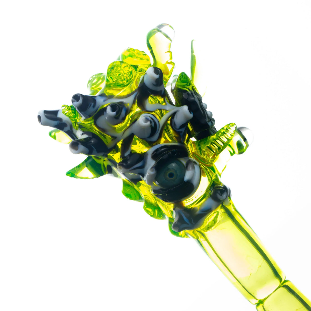 Intricately designed yellow and black 18mm glass slide with three holes and textured details