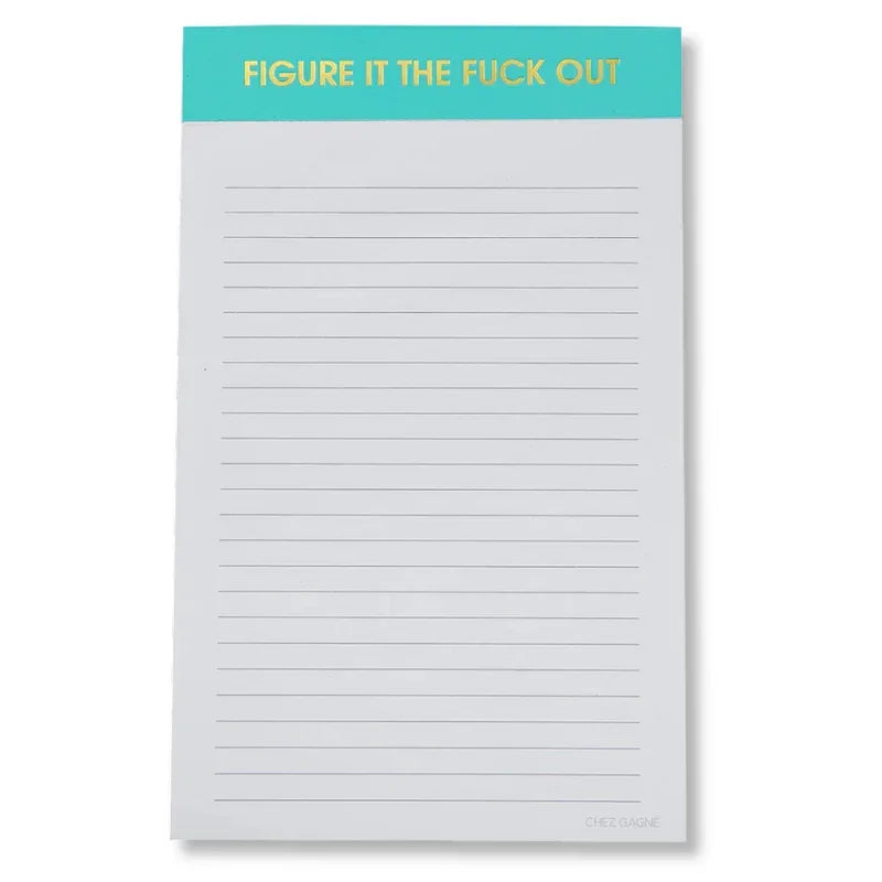 Humorous lined notepad with bold gold text on teal header, blank for notes or lists