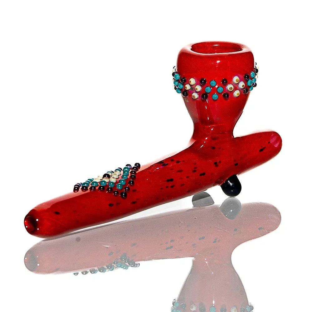 Red glass hand pipe with beaded accents, decorative tobacco smoking accessory