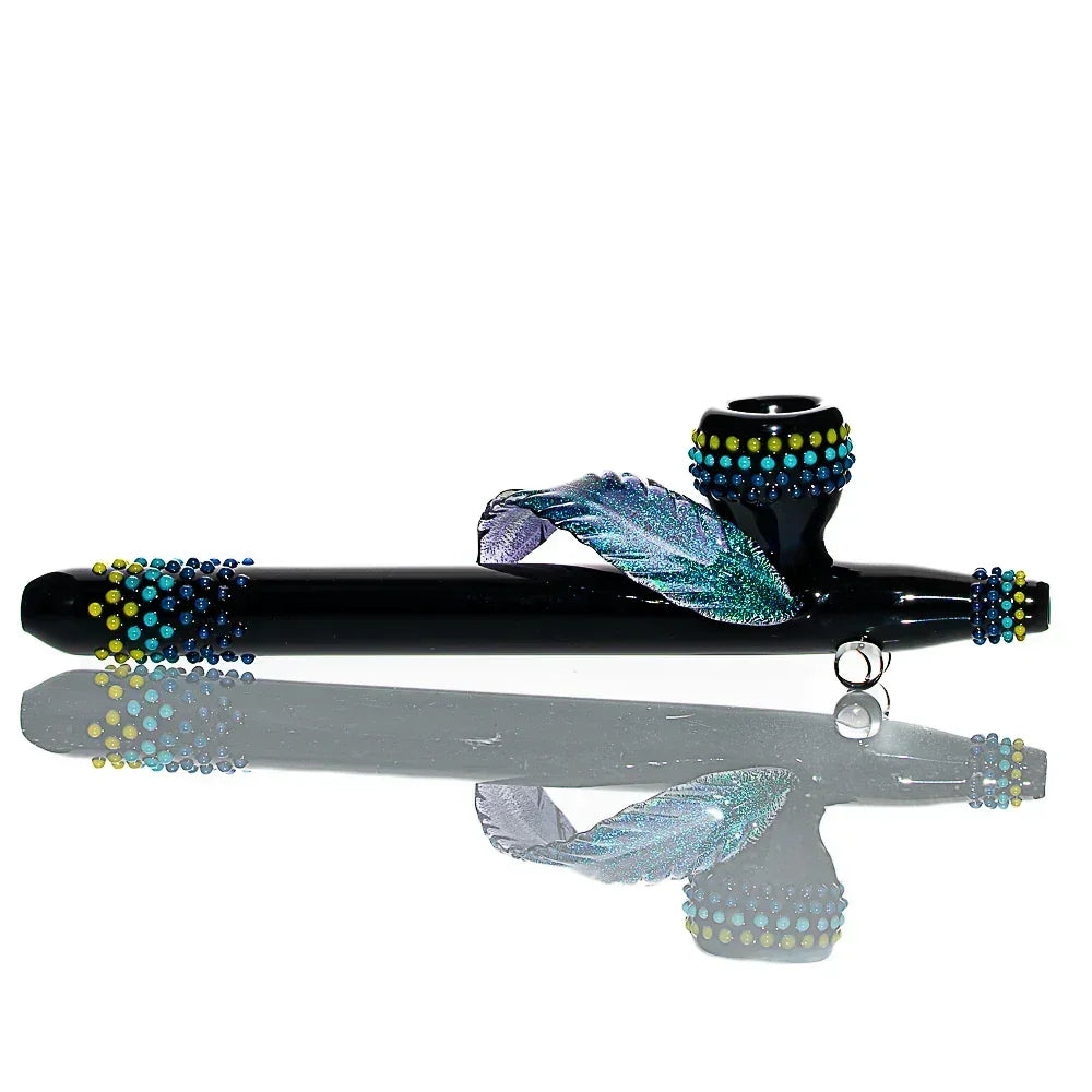 Handcrafted glass pipe with blue and green accents and iridescent feather detail