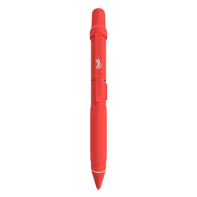 Red vape pen with clip and Smyle logo, isolated on green background