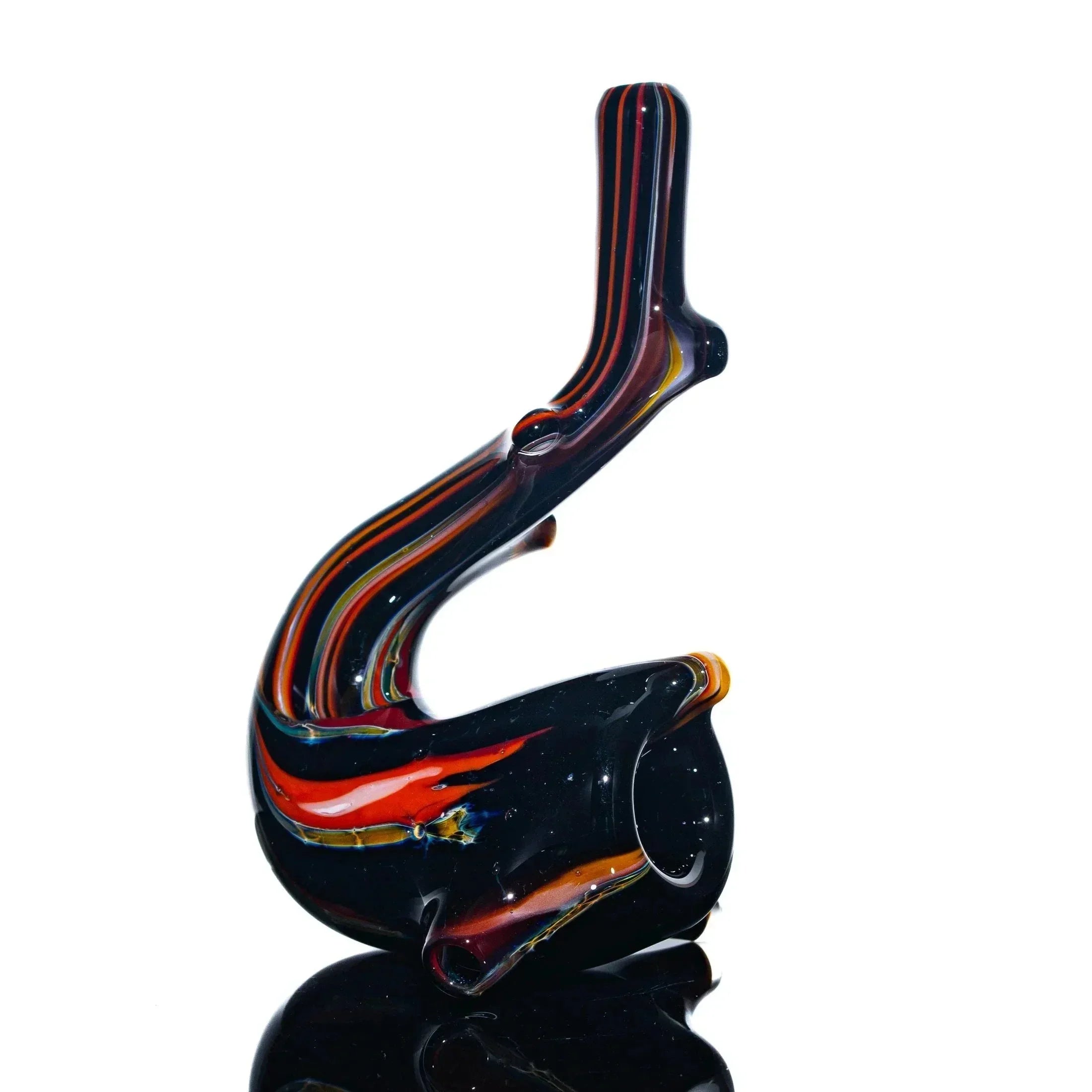 Hand blown glass sherlock pipe with vibrant red, orange, and yellow swirling accents